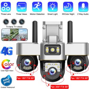 Outdoor Surveillance Camera 4G SIM Card Wireless Cameras Motion Detection 3 Lens PTZ CCTV Auto Tracking 2 Way Video Surveillance