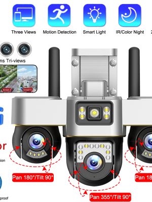 Outdoor Surveillance Camera 4G SIM Card Wireless Cameras Motion Detection 3 Lens PTZ CCTV Auto Tracking 2 Way Video Surveillance