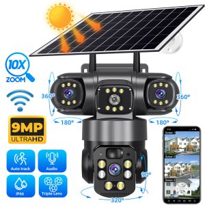 9MP Full HD Solar WiFi Security Camera | 3 Lens 3 Screen 10X Zoom + PIR Human Detection & Night Vision