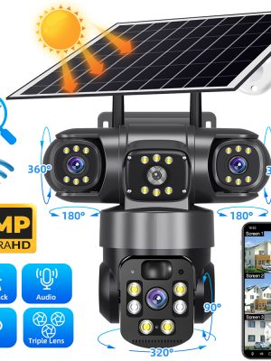 9MP Full HD Solar WiFi Security Camera | 3 Lens 3 Screen 10X Zoom + PIR Human Detection & Night Vision