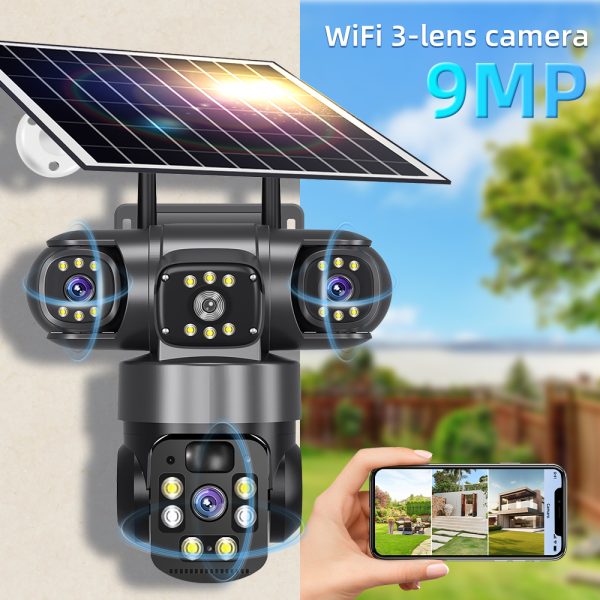 主图_07 9MP Full HD Solar WiFi Security Camera | 3 Lens 3 Screen 10X Zoom + PIR Human Detection & Night Vision