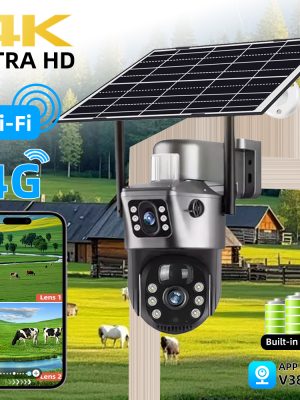 V380 Pro 4K 8MP 2 Lens 4G WiFi Solar Camera Outdoor PIR Night Vision IP66 Low Power Battery CCTV Security