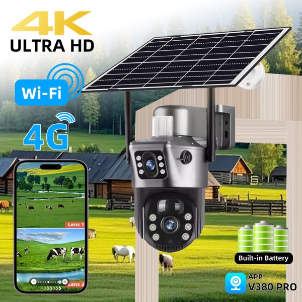 V380 Pro 4K 8MP 2 Lens 4G WiFi Solar Camera Outdoor PIR Night Vision IP66 Low Power Battery CCTV Security