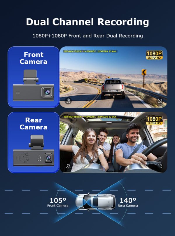 Dash Cam Dual Lens 4K UHD Recording Dual Lens Vehicle Car Camera DVR Night Vision Video Recorder with GPS 24H Parking