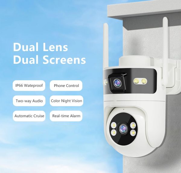 Outdoor Dual Lens Security Camera, Gun-Dome Linkage, Dual Screen, Human Tracking, Two-Way Audio, Custom Alarm, Local & Cloud Storage